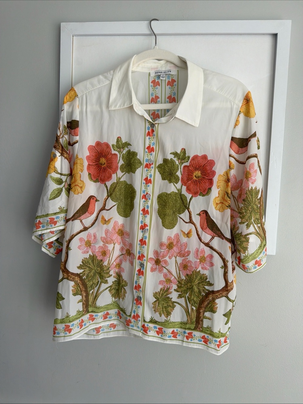 Rose & Olive White Floral and Bird Button-Down Shirt